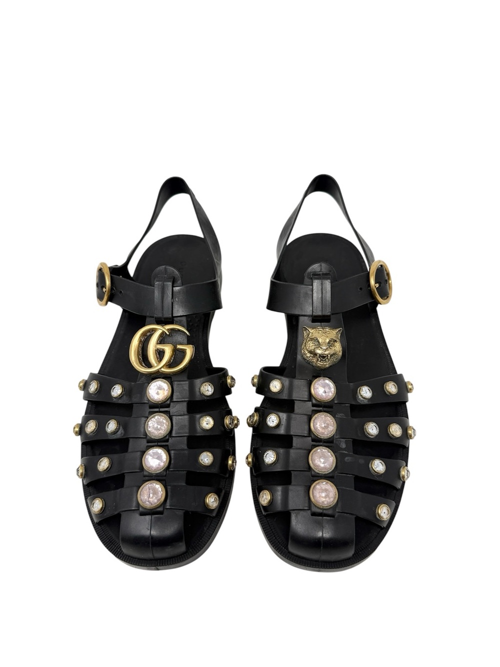 Gucci Marmont Crystal Embellished Black Feline GG Fisherman Caged Sandals EU 39